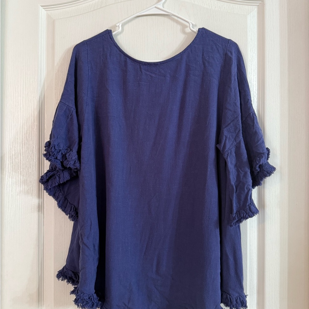 Umgee Women’s Navy Raw Hem Blouse Sz L.  9051 - Picture 4 of 4